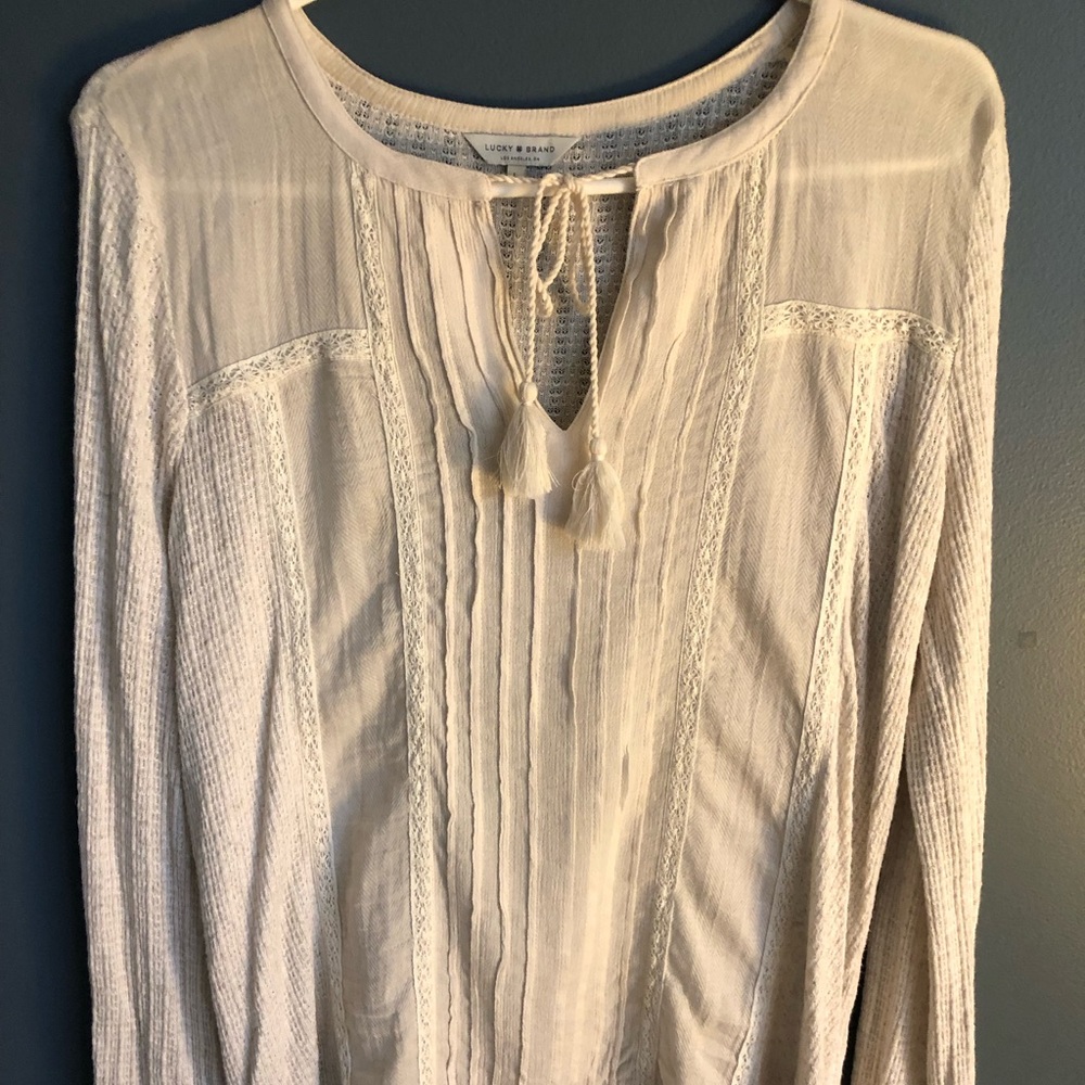 LUCKY BRAND Peasant Embroidered Lace Tassel Top SZ Large. Boho. Hippie